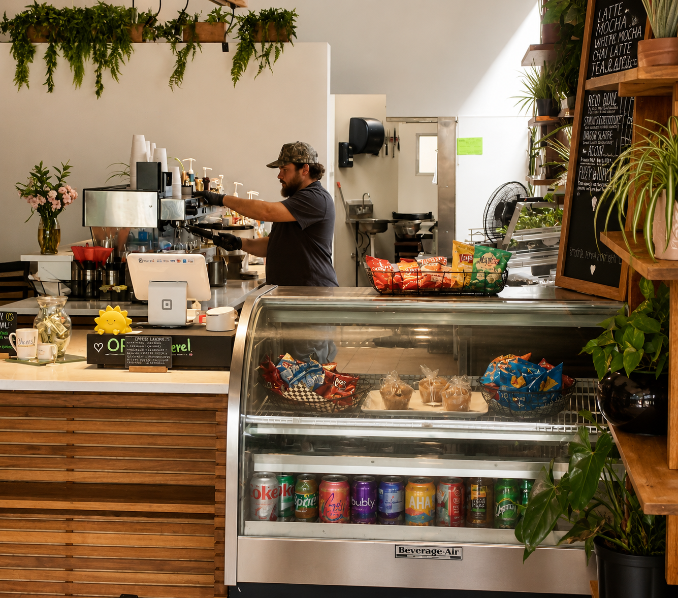 Barista pulling espresso shots behind the counter at Kel's Cafe